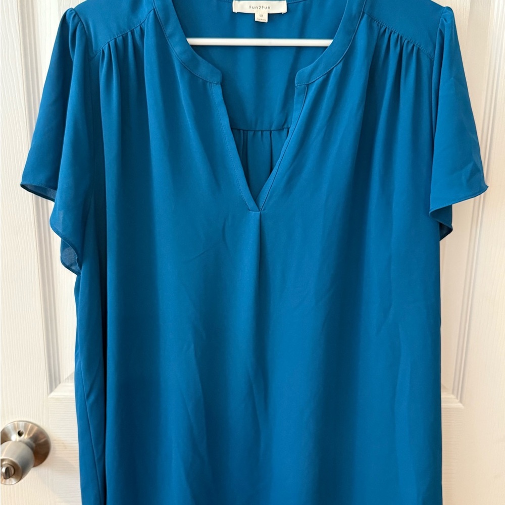 Fun 2 Fun Teal Blouse with V-Neck